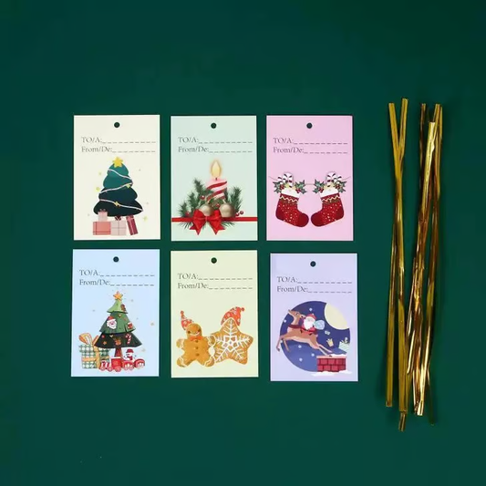 Christmas Gift Tags (Set of 30 festive To/From tags with gold ties)